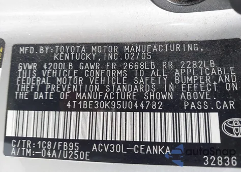 2005 Toyota Camry Le from USA, damaged, VIN 4T1BE30K95U044782
